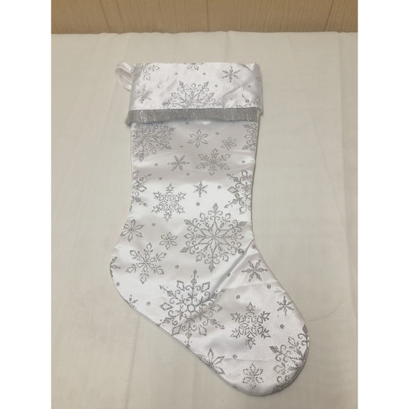 White Silky Snowflake Christmas Stocking Glittery 18 in with Fringe - Picture 1 of 4